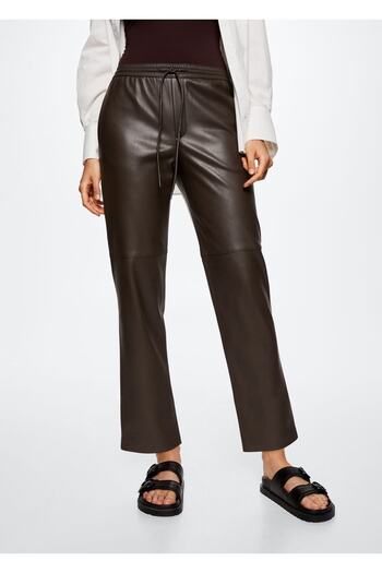 MANGO Woman Leather Look Elastic Waist Trousers