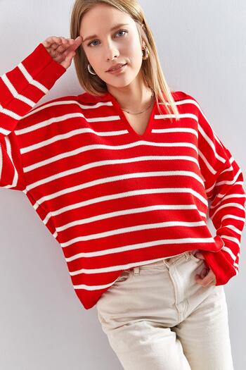 Bianco Lucci Women's Polo Neck Striped Oversize Knitwear Sweater