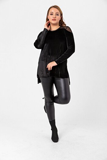 Laranor Black Plus Size Crew Neck Tulle Detail Velvet Blouse