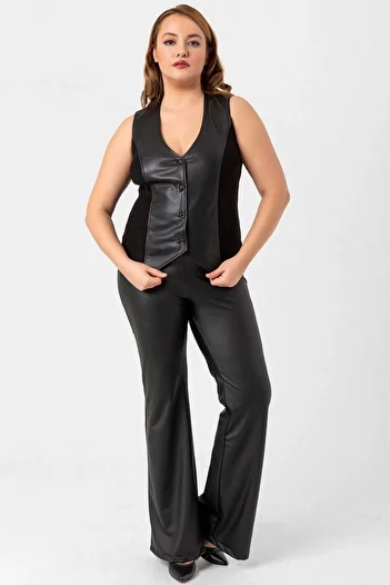 Laranor Black Plus Size Half Flare Leg Matte Raised Faux Lycra Leather Trousers
