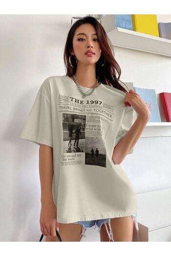 Benisengiydir Women's Beige 1997 Printed Crew Neck Tshirt