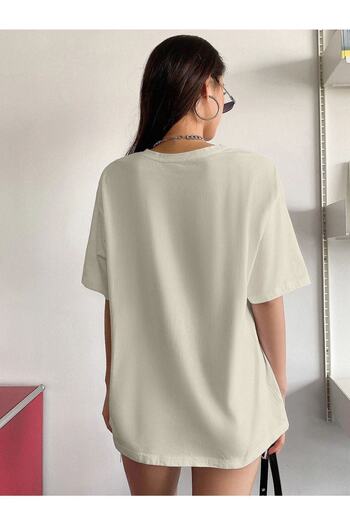 Benisengiydir Women's Beige 1997 Printed Crew Neck Tshirt