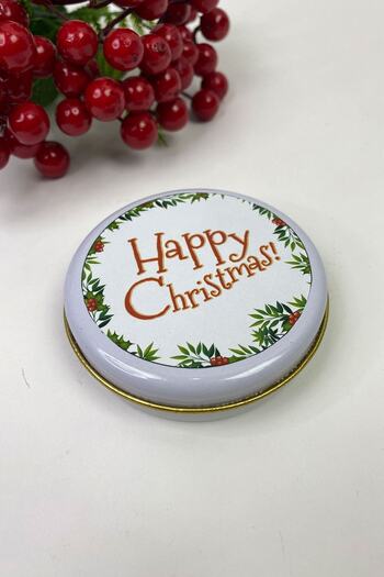 Hobigram Подарункова біла кругла бляшанка з написом «Happy Chirstmas» – Новорічна прикраса – Новорічна прикраса