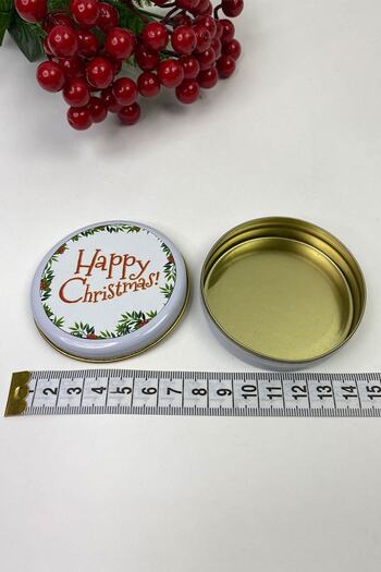 Hobigram Подарункова біла кругла бляшанка з написом «Happy Chirstmas» – Новорічна прикраса – Новорічна прикраса