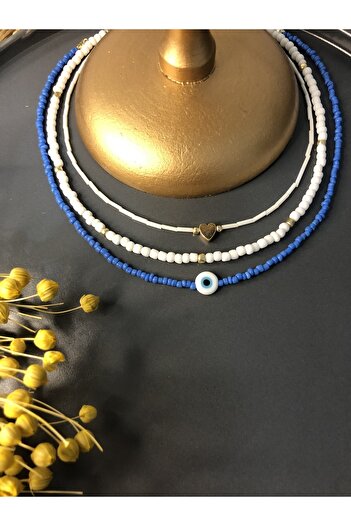 Stoneday Heart Evil Eye Beaded Gold Detailed Stick Sand Bead 3-Piece Necklace Set