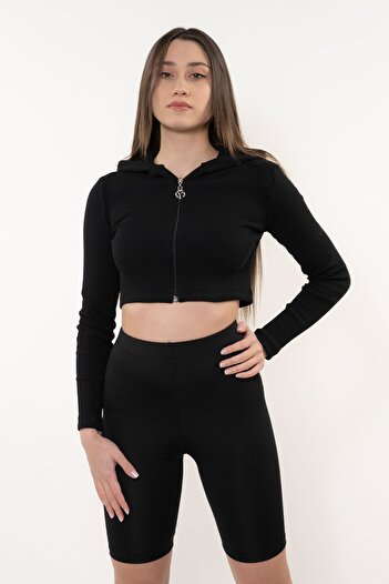 Soyo Women's Black Hooded Zipper Front Ribbed Knitted Crop Blouse