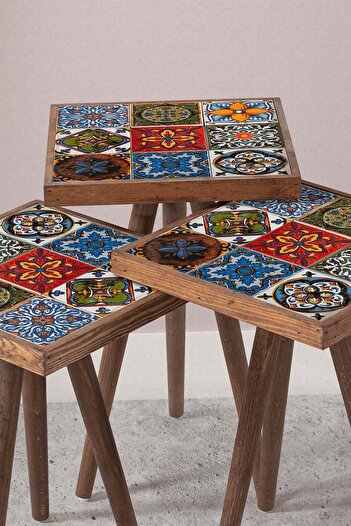 bluecape Anatolia 31x31cm Etnik Çini Seramik 3lü Ceviz Sehpa