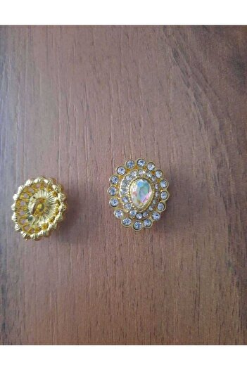 İMREN AKSESUAR Special Design Rhinestone Button 2 cm Light Gold Strap Coated Metal Button 2 Pieces