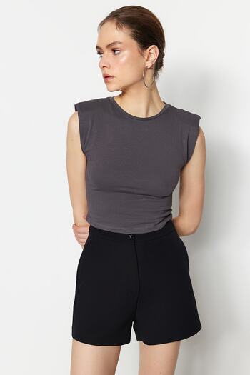 Trendyol Collection Anthracite Padded Fitted Crew Neck Crop Stretchy Knitted Blouse TWOSS23BZ00251
