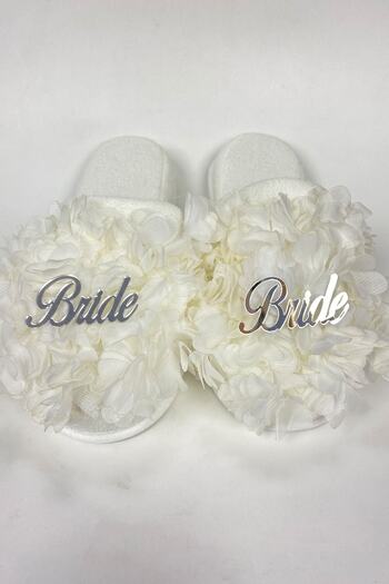 Hobigram White Floral Fancy Bridal Slippers with Bride Written – Slippers, Stylish Design, Women's Accessory