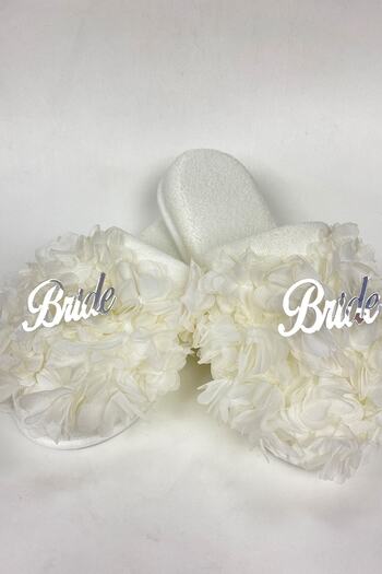 Hobigram White Floral Fancy Bridal Slippers with Bride Written – Slippers, Stylish Design, Women's Accessory