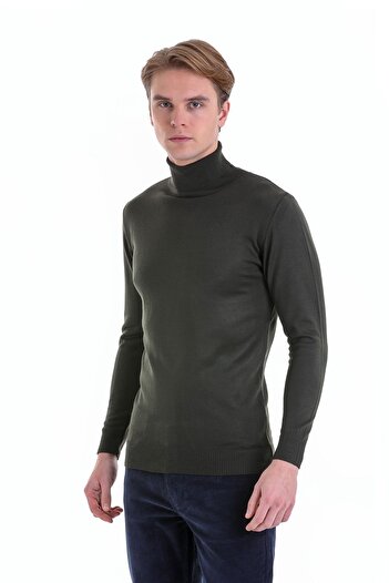 Hatemoğlu Haki Comfort Fit Прямий велосипедний комір Вовняний трикотажний светр