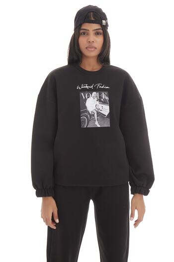 its basic Women's Black Color Three Thread Rasterized Front Printed Sweatshirt