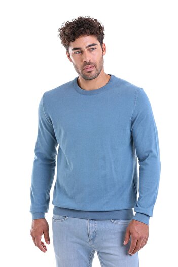 Hatemoğlu Men's Blue Regular Fit 100% Cotton Crew Neck Knitwear Sweater