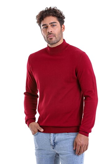 Hatemoğlu Men's Claret Red Regular Fit Plain 100% Cotton Half Turtleneck Knitwear Sweater