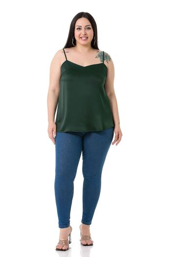 DISENTIS MODEST Plus Size Adjustable Thin Strap Satin Emerald Blouse