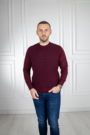 Sarar Interview O Neck Patterned Claret Red Knitwear Sweater