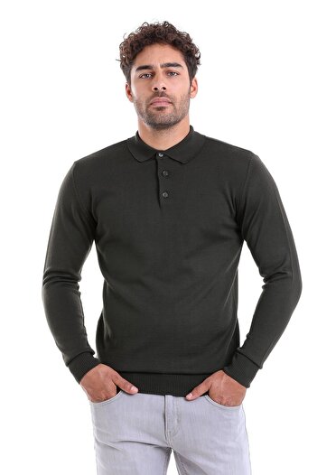 Hatemoğlu Khaki Comfort Fit Plain Polo Collar Woolen Sweater