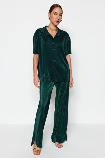 Trendyol Collection Zielona plisowana koszula oversize/szerokiego rękawa z dzianiny TWOSS23GO00133