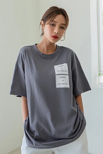 MODAGEN Kadın Taş Gri Summer Baskılı Oversize T-shirt