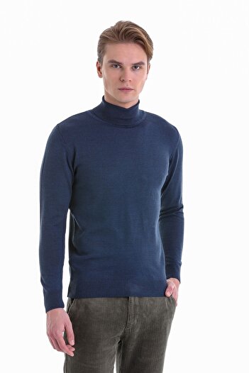 Hatemoğlu Pulover din tricot din lână, cu tăiere confortabilă Indigo, uni cu gâtul turn