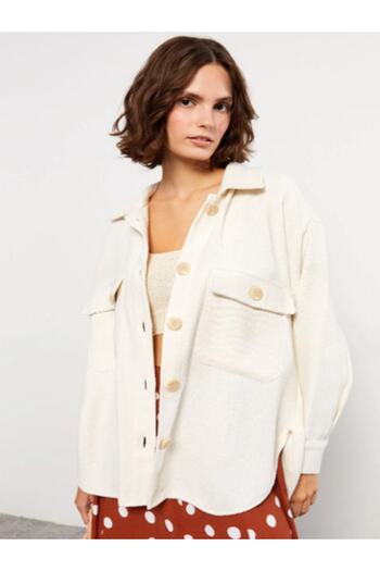 LC Waikiki Front Button Closure Plain Long Sleeve Gabardine Women's Shirt Jacket