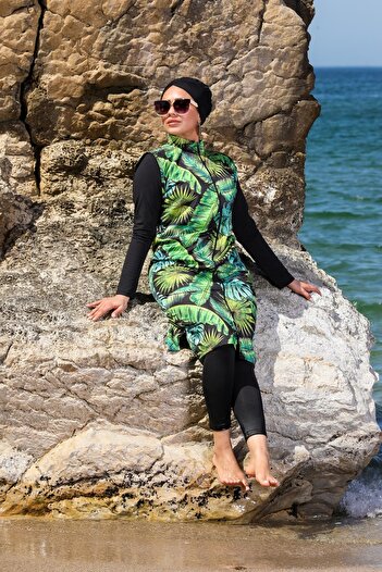 SEBOTEKS Green Leaf Pattern Long Gilet Closed Hijab Swimsuit 2376