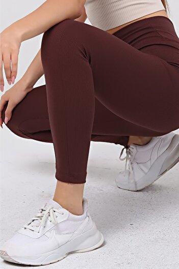 VOSSAX Brown Ribbed Pocket High Waist Recovery Sports Interlock Knitted Tights