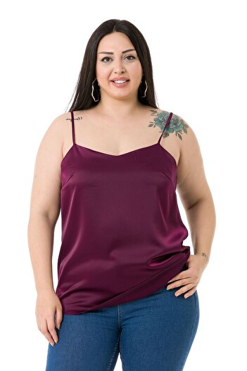 DISENTIS MODEST Plus Size Adjustable Thin Strap Satin Plum Blouse