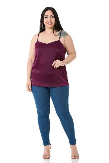 DISENTIS MODEST Plus Size Adjustable Thin Strap Satin Plum Blouse