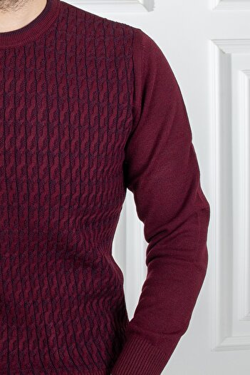 Sarar Interview O Neck Patterned Claret Red Knitwear Sweater