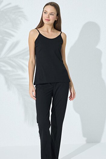Siyah İnci Black Cotton Rope Strap Laced Pajama Set