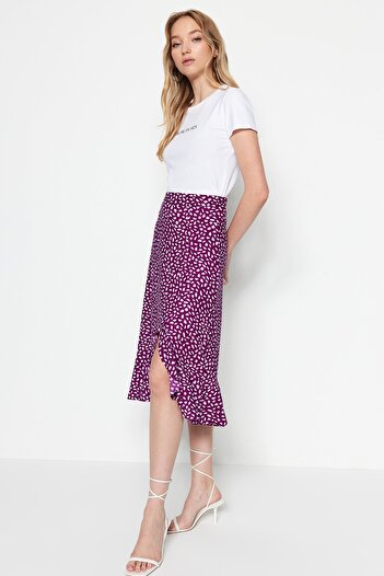 Trendyol Collection Lila nyomott magas derekú Midi sztreccs kötött szoknya összegyűjtött részletekkel és fodros TWOSS21ET0029