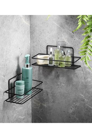 Sas Haus 2 Pack Black Adhesive Bathroom Shelf, 2 Wire Shower Shampoo Holder, Stainless Metal Shower Shelf (Screw On/Paste)