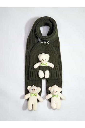 Meriç bebe Unisex Ultra Stretchy Braided Teddy Bear Scarf & Beanie Set of 2 0-3 Years Khaki