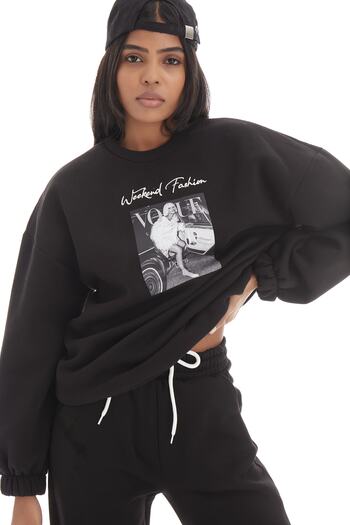 its basic Women's Black Color Three Thread Rasterized Front Printed Sweatshirt