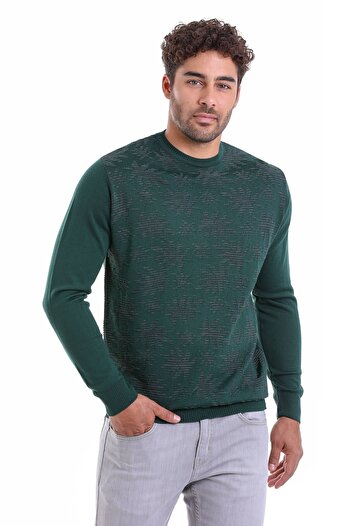 Hatemoğlu Green Comfort Fit Jacquard Crew Neck Woolen Sweater