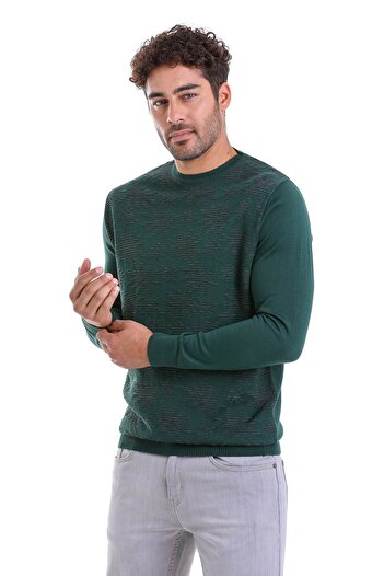 Hatemoğlu Green Comfort Fit Jacquard Crew Neck Woolen Sweater
