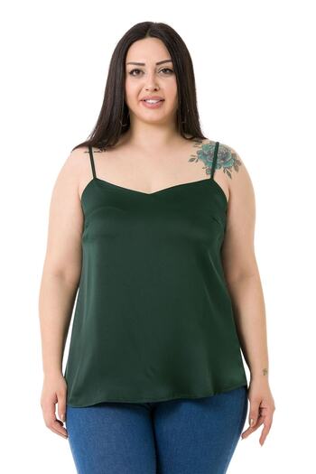 DISENTIS MODEST Plus Size Adjustable Thin Strap Satin Emerald Blouse