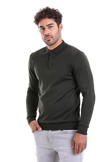 Hatemoğlu Haki Comfort Fit Düz Polo Yaka Yünlü Yün Kazak
