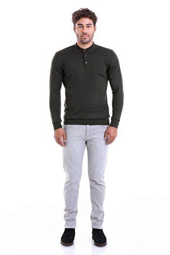 Hatemoğlu Haki Comfort Fit Düz Polo Yaka Yünlü Yün Kazak