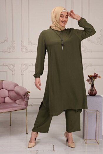 Aşkı Endam Women's Large Size Mevlana Casual Long Ayrobin Double Set Necklace - Khaki
