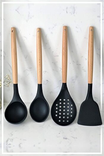 Hitfoni Silicone Bamboo Handle 4 Piece Kitchen Serving Set (pot-spoon-colander-spatula) black