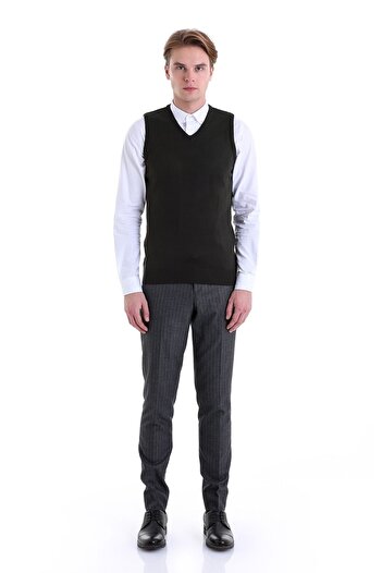 Hatemoğlu Haki Comfort Fit Düz V Yaka Yünlü Triko Süveter