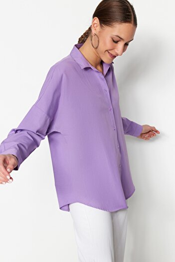 Trendyol Collection Fioletowa bawełniana koszula oversize z szerokim wzorem tkanym TWOSS22GO0669