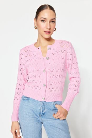 Trendyol Collection Ροζ διάτρητο/διάτρητο Crop/κοντό πλεκτό 2 τμχ Μπλούζα-Ζακέτα TWOSS23HI00000
