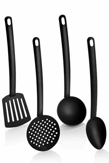 Fevito Practical Fireproof Non-Stick Teflon Serving Set Durable Ladle Colander Spatula Spoon 4-Piece Black