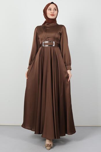 Giza Giyim Pleated Front Hijab Evening Dress Brown