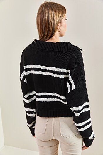 Bianco Lucci Women's Polo Neck Striped Knitwear Sweater