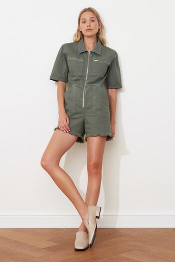 Trendyol Collection Džínové kraťasy s elastickým pasem khaki overal TWOSS20TU0122